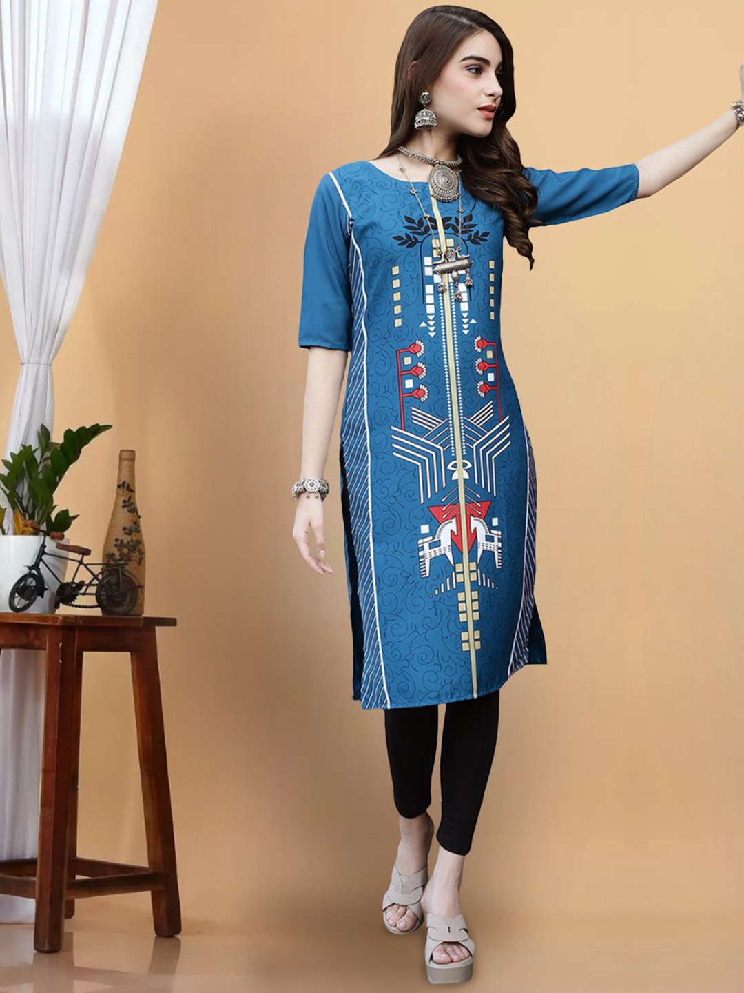 

7Threads Women Geometric Striped Floral Crepe Anarkali Kurta, Multi