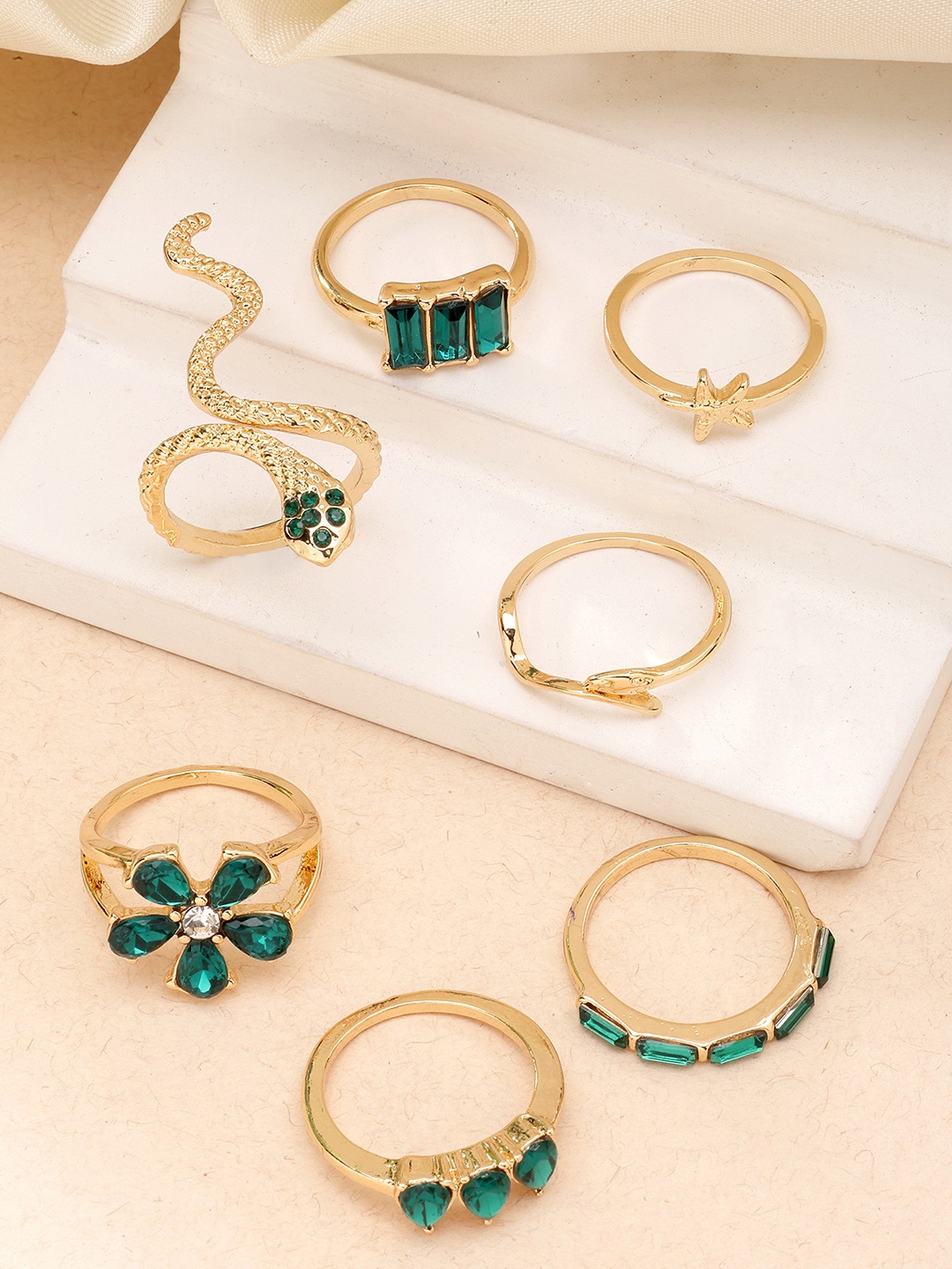 

Bohey by KARATCART Set of 7 Gold-Plated CZ Stone Studded Finger Ring, Green