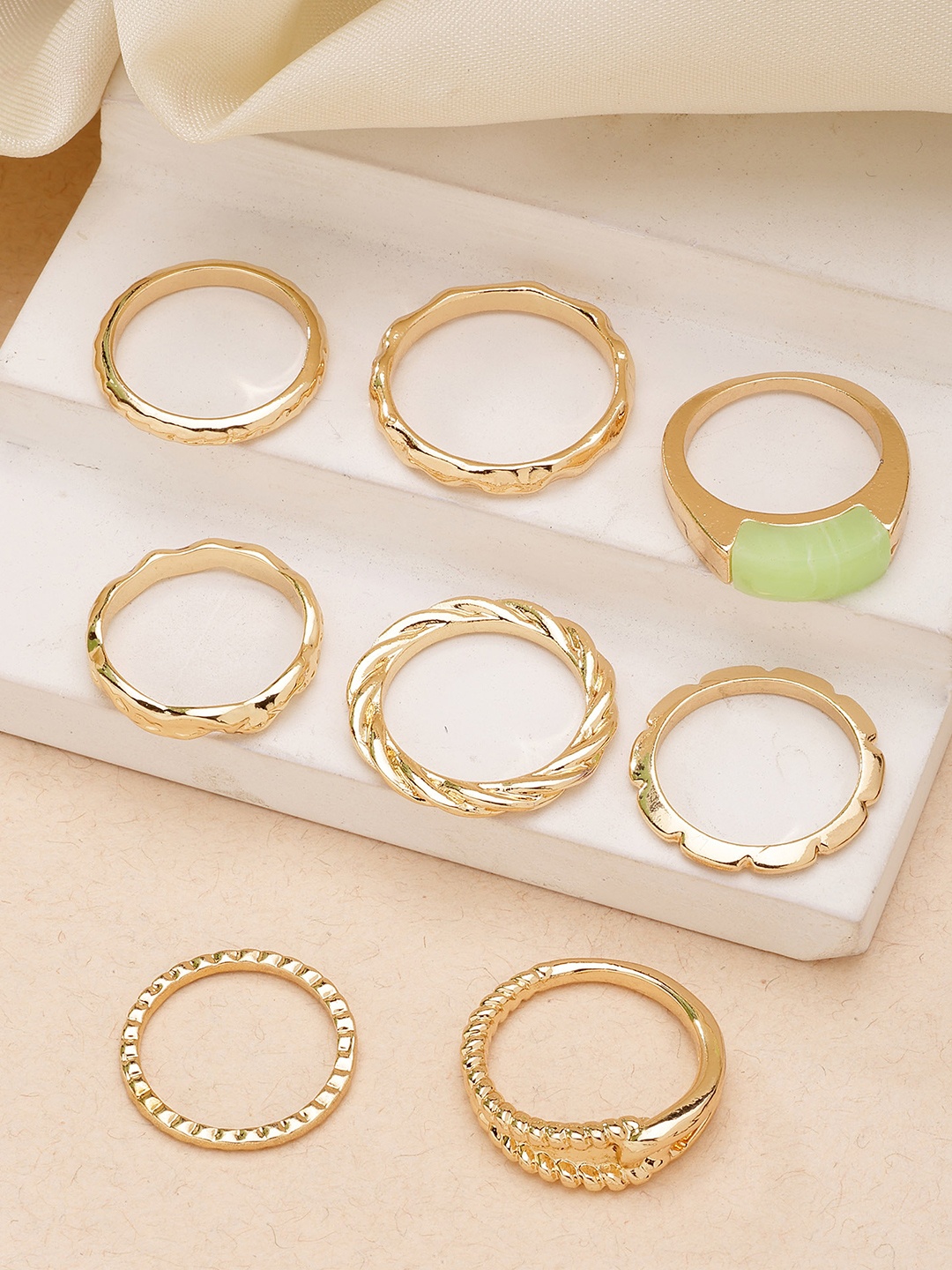 

Bohey by KARATCART 8Pcs Gold-Plated Intricate Details Finger Ring, Lime green