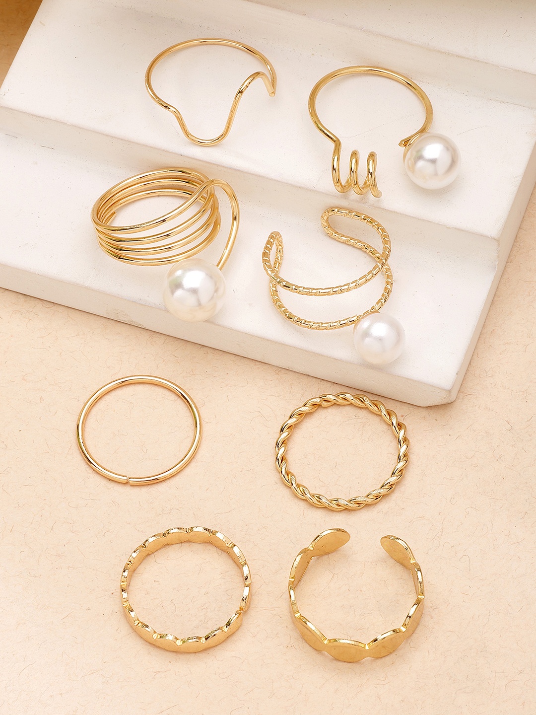 

Bohey by KARATCART Set Of 8 Gold-Plated Beaded Finger Ring