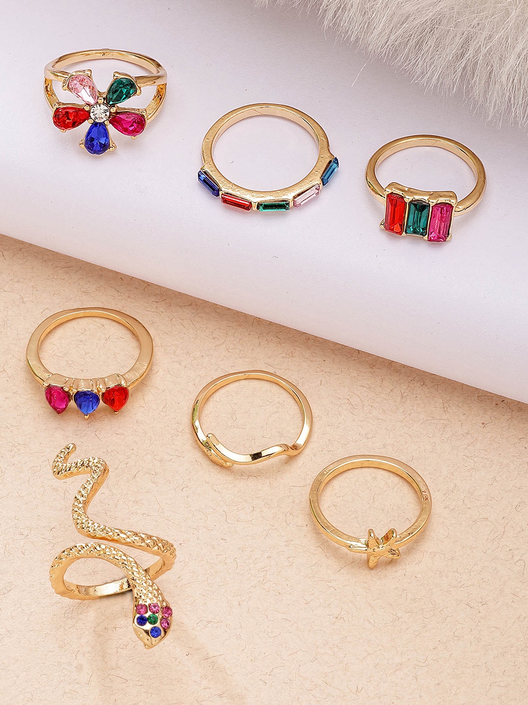 

Bohey by KARATCART Set Of 7 Gold Plated CZ Stone Studded Finger Ring