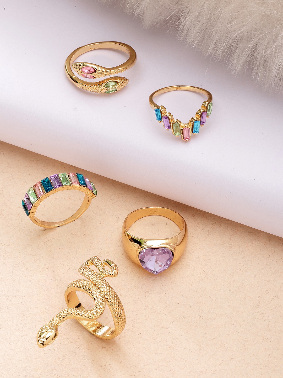 

Bohey by KARATCART Pack Of 5 Gold-Plated Stones Studded Midi Finger Rings