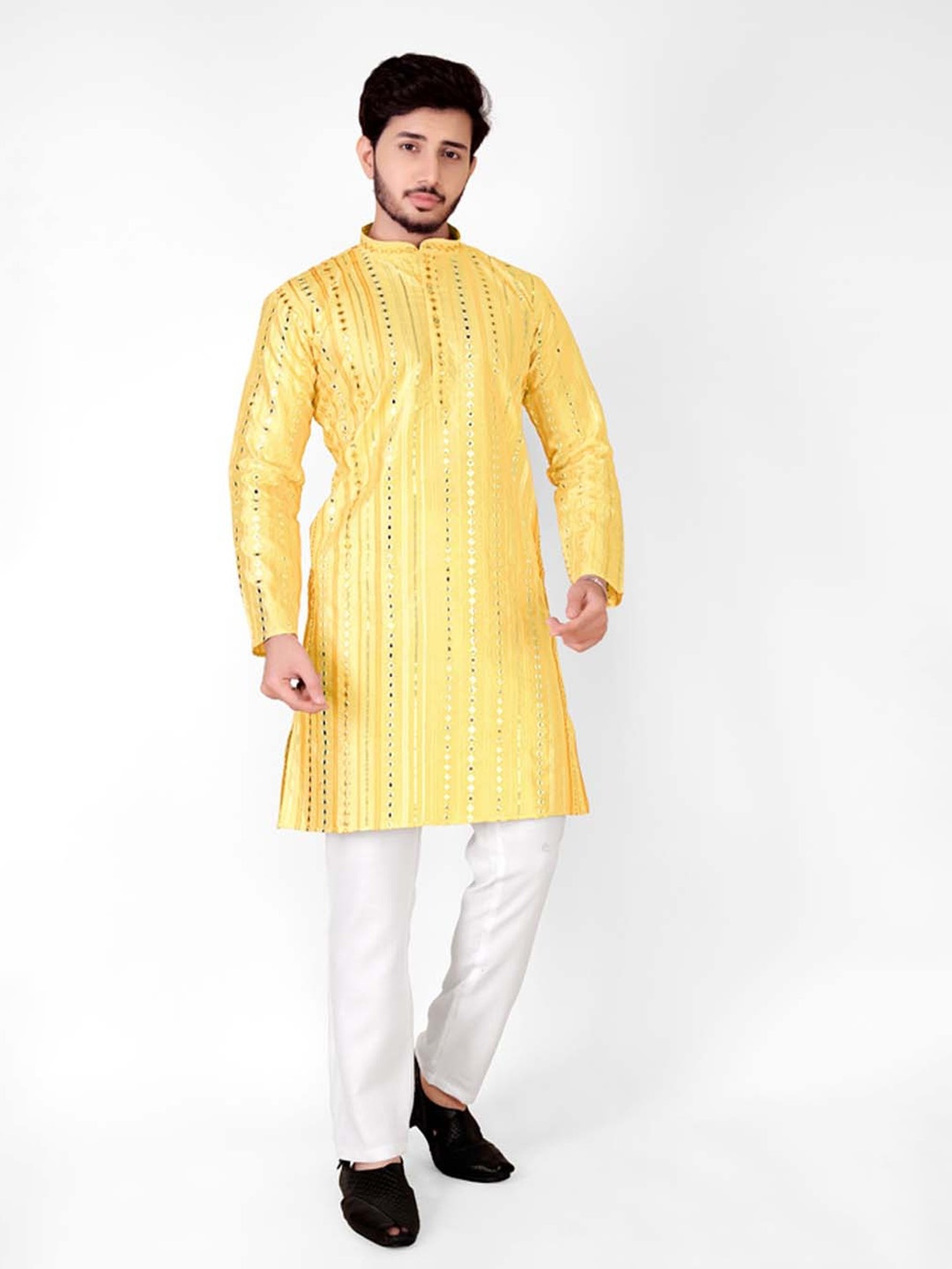 trustous Men Embroidered Regular Mirror Work Pure Cotton Kurta with Pyjamas, Yellow