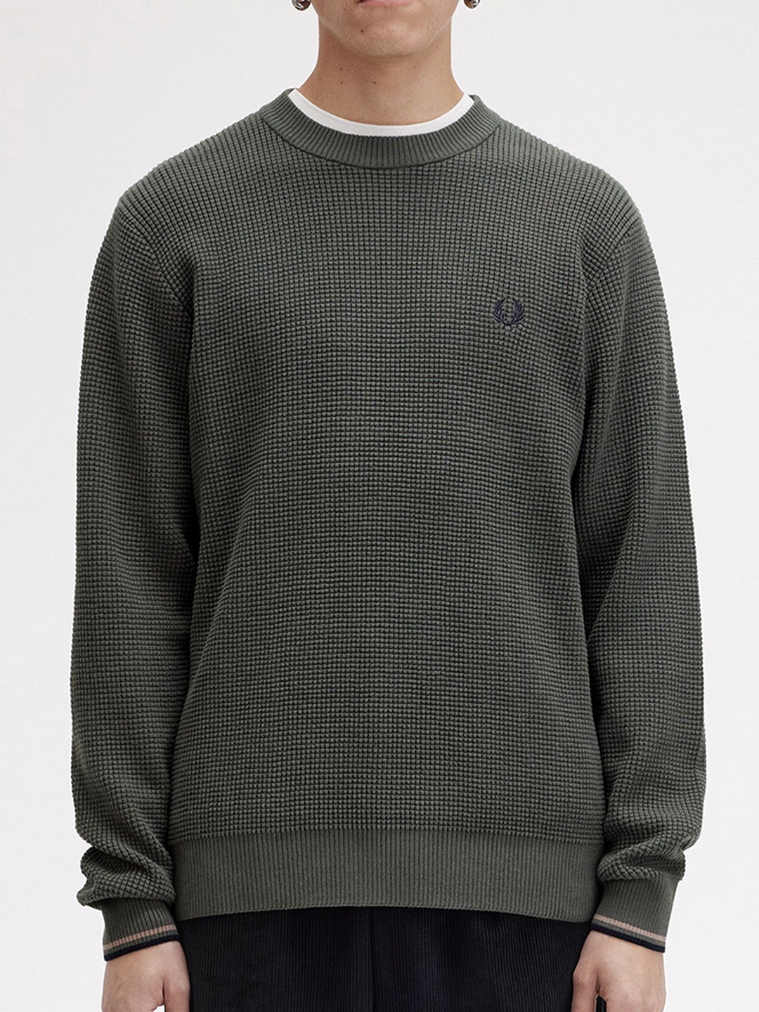 

Fred Perry Men Self Design Pure Cotton Pullover Sweater, Olive