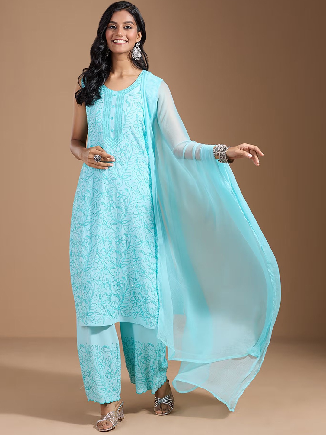 

House of Pataudi Floral Embroidered Kurta & Trouser With Dupatta, Blue