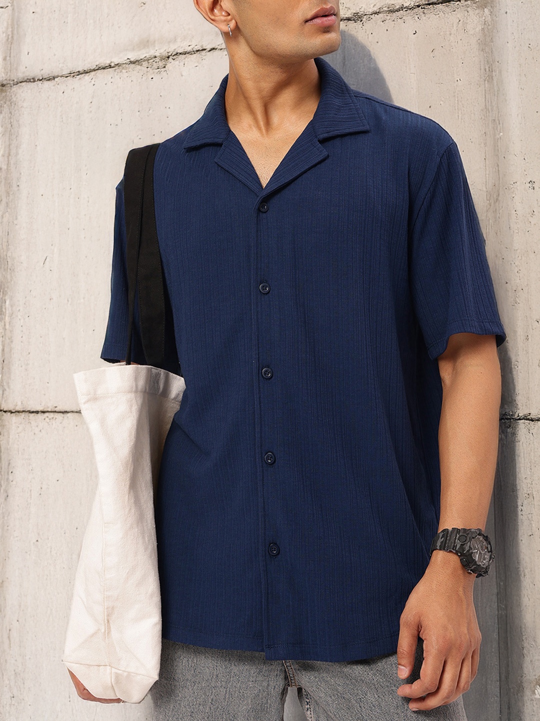 

Kook N Keech Moody Minimalism Textured Short Sleeve Shirt, Navy blue