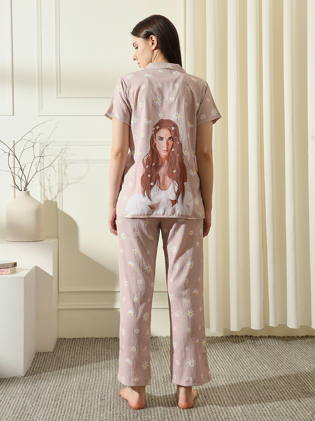 

House of Comfort Women Floral Printed Night suits, Beige