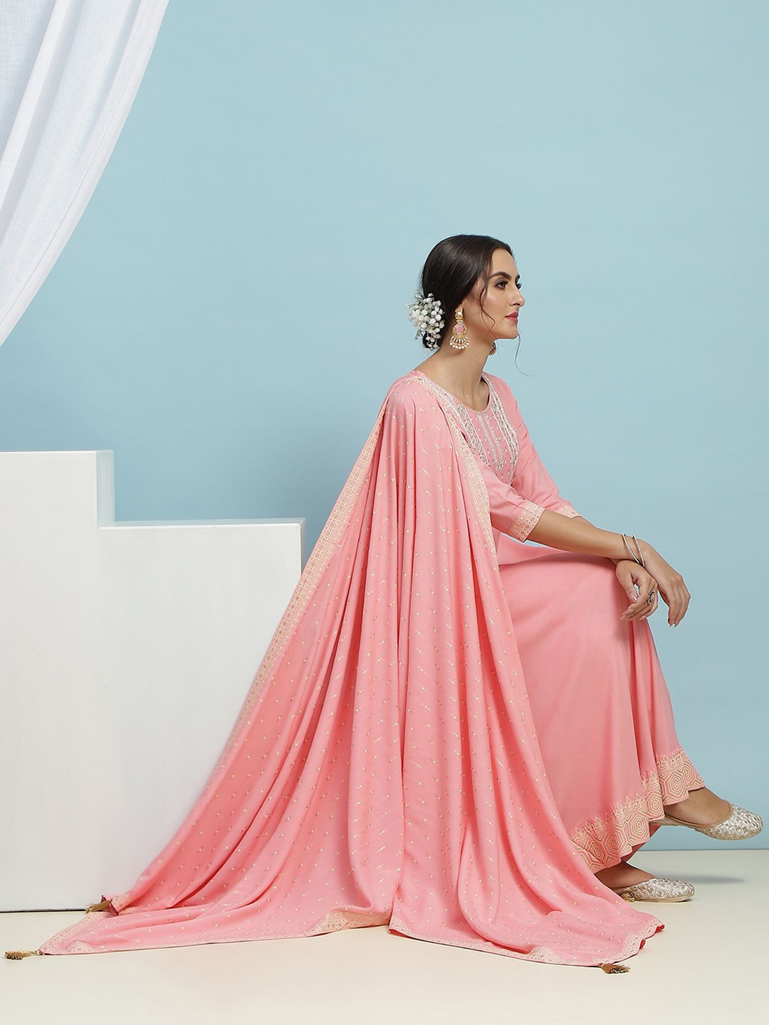 

Khushal K Yoke Design Thread Work Kurta with Trouser & Dupatta, Pink