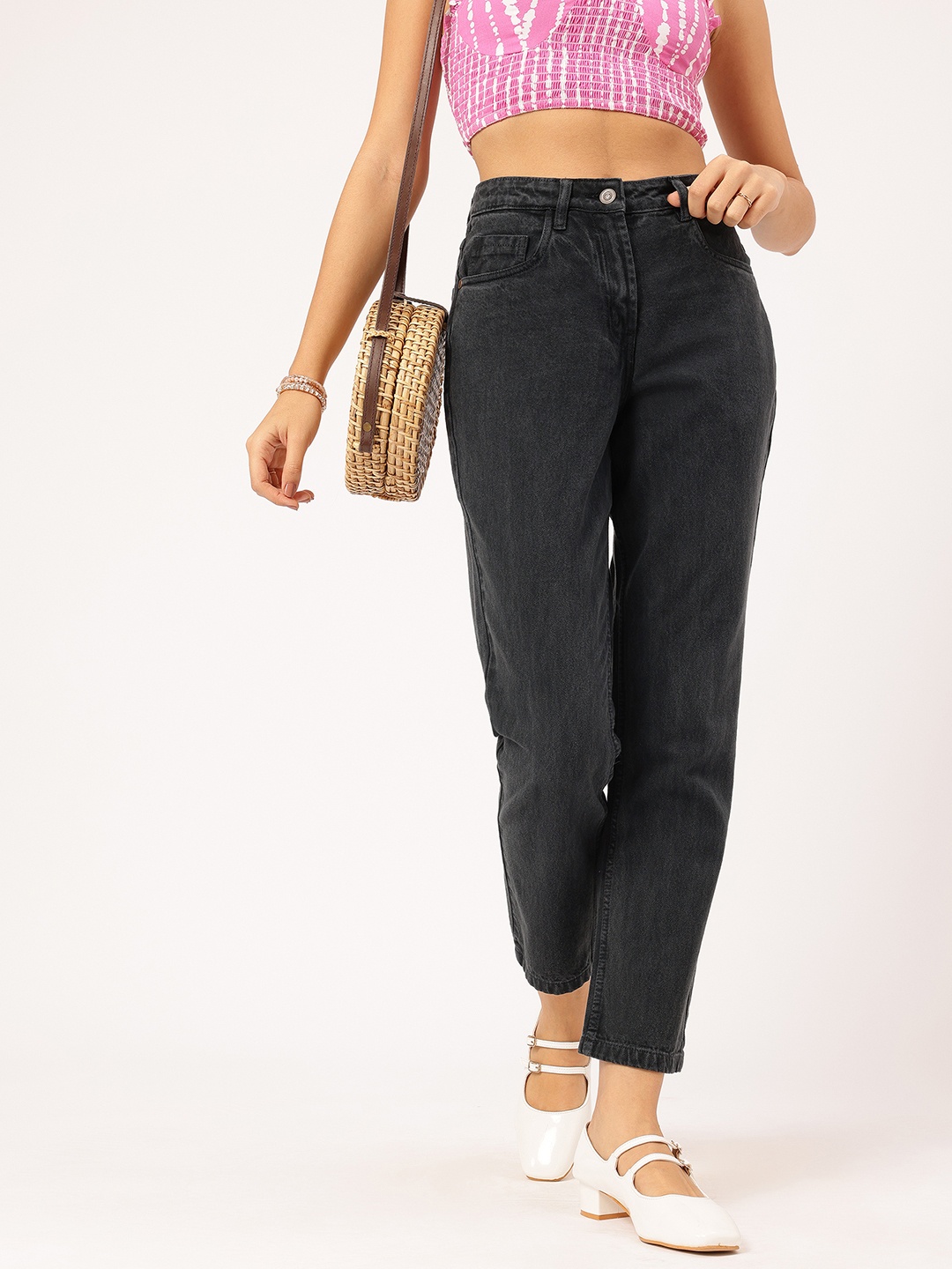 

DressBerry Women All-Day Comfort High-Rise Non Stretchable Cropped Jeans, Charcoal