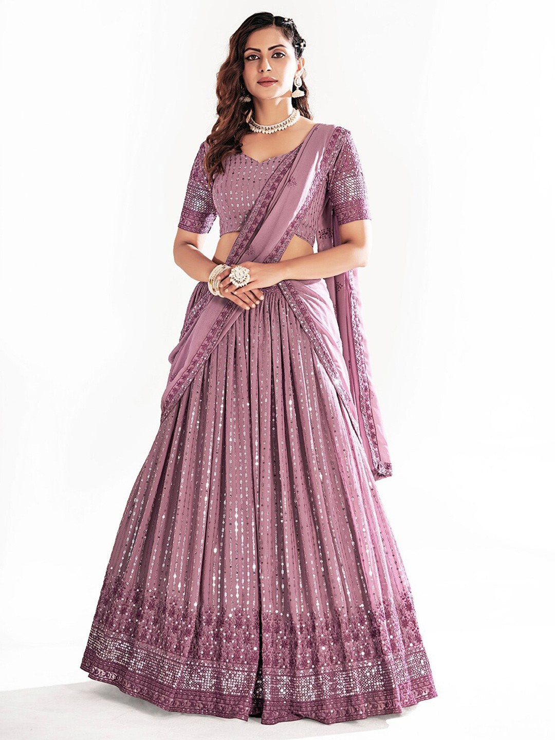

SHOPGARB Sequin Embroidered Semi-Stitched Lehenga & Unstitched Blouse With Dupatta, Lavender