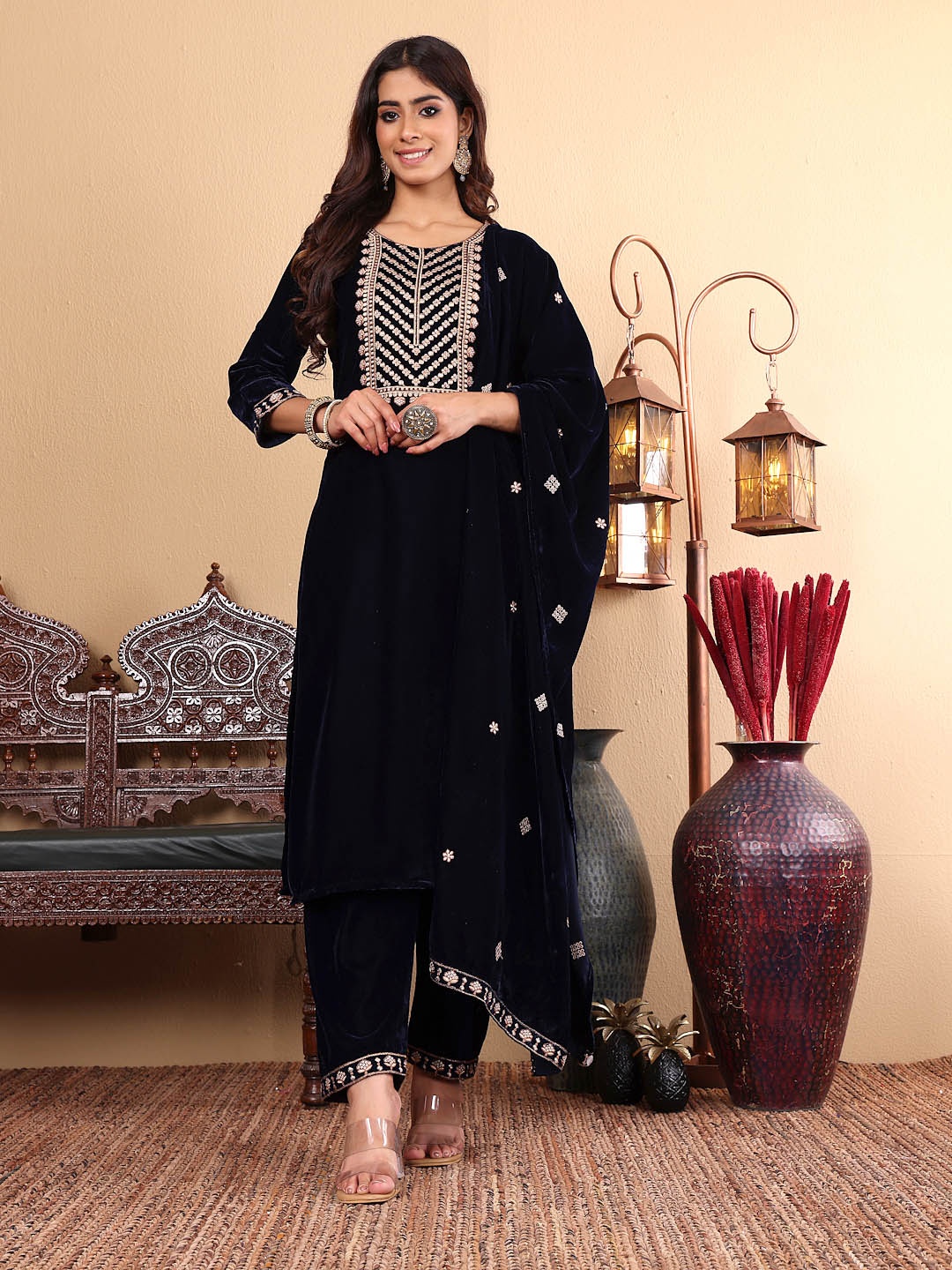 

Varanga Navy Blue Floral Yoke Design Sequinned Velvet Kurta with Trousers & Dupatta