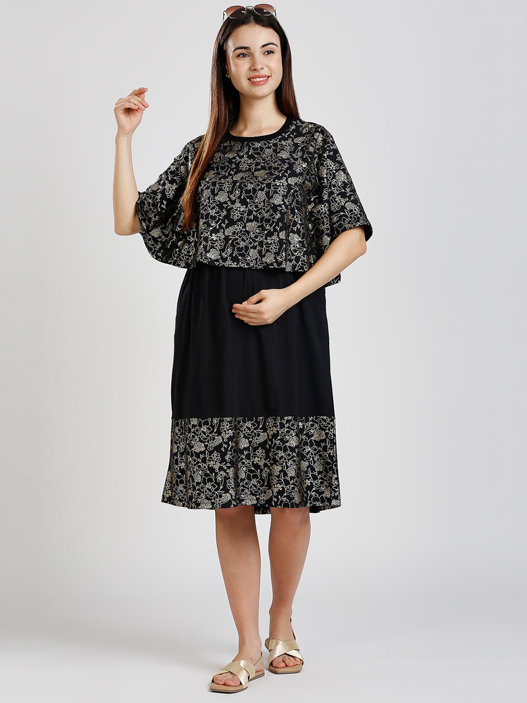 

True Shape Embellished Cape Sleeve Maternity Blouson Dress, Black