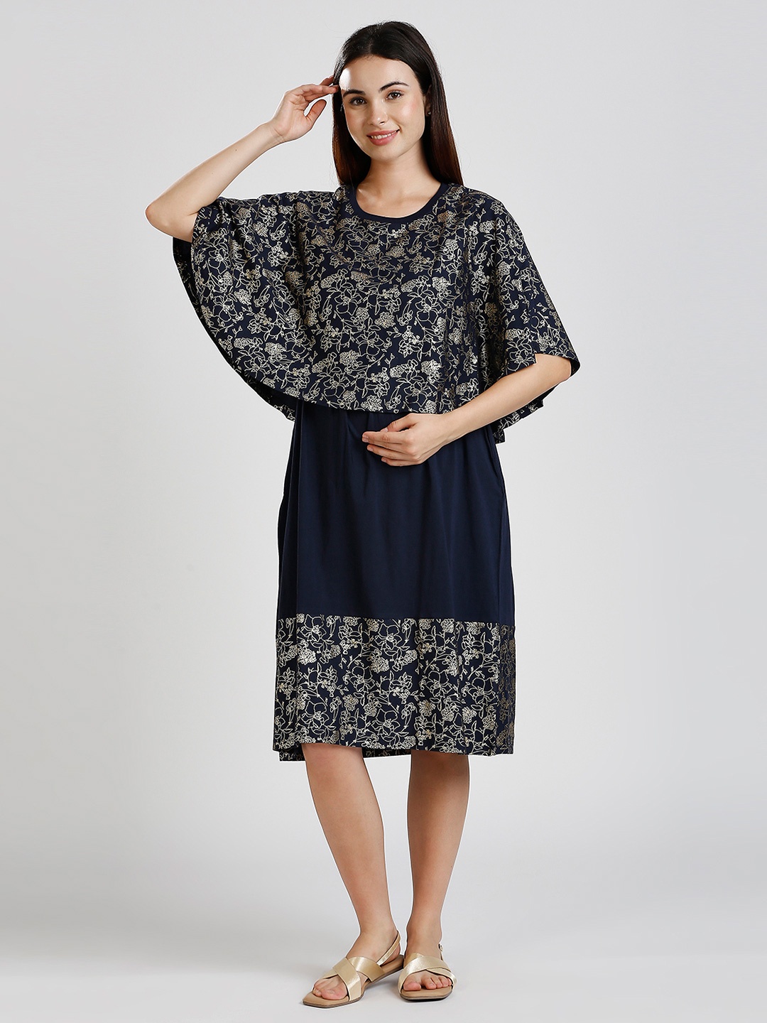 

True Shape Floral Print Maternity Fit and Flare Dress, Navy blue