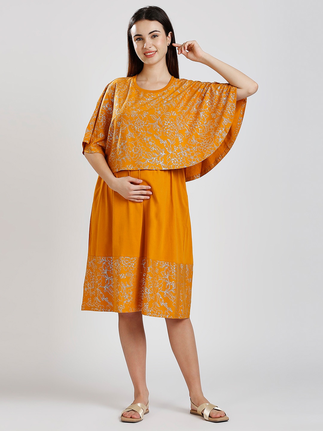 

True Shape Floral Printed Cape Sleeve Maternity Fit and Flare Dress, Mustard