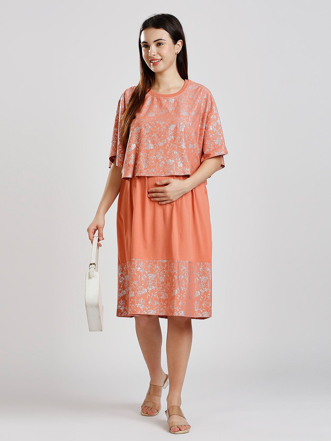 

True Shape Floral Printed Cape Sleeve Maternity A-Line Dress, Peach