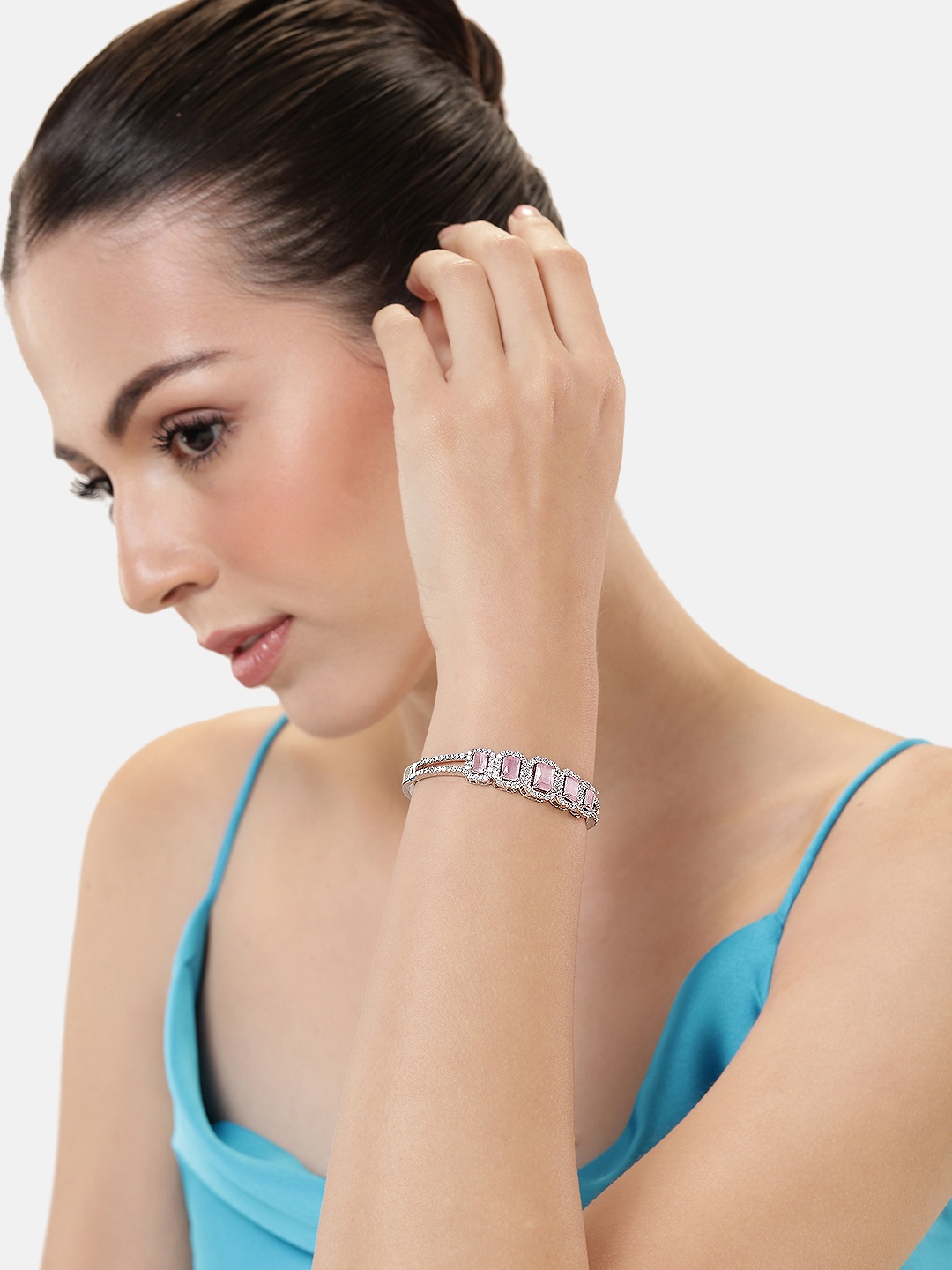 

Manikya Women American Diamond Rhodium-Plated Bangle-Style Bracelet, Silver