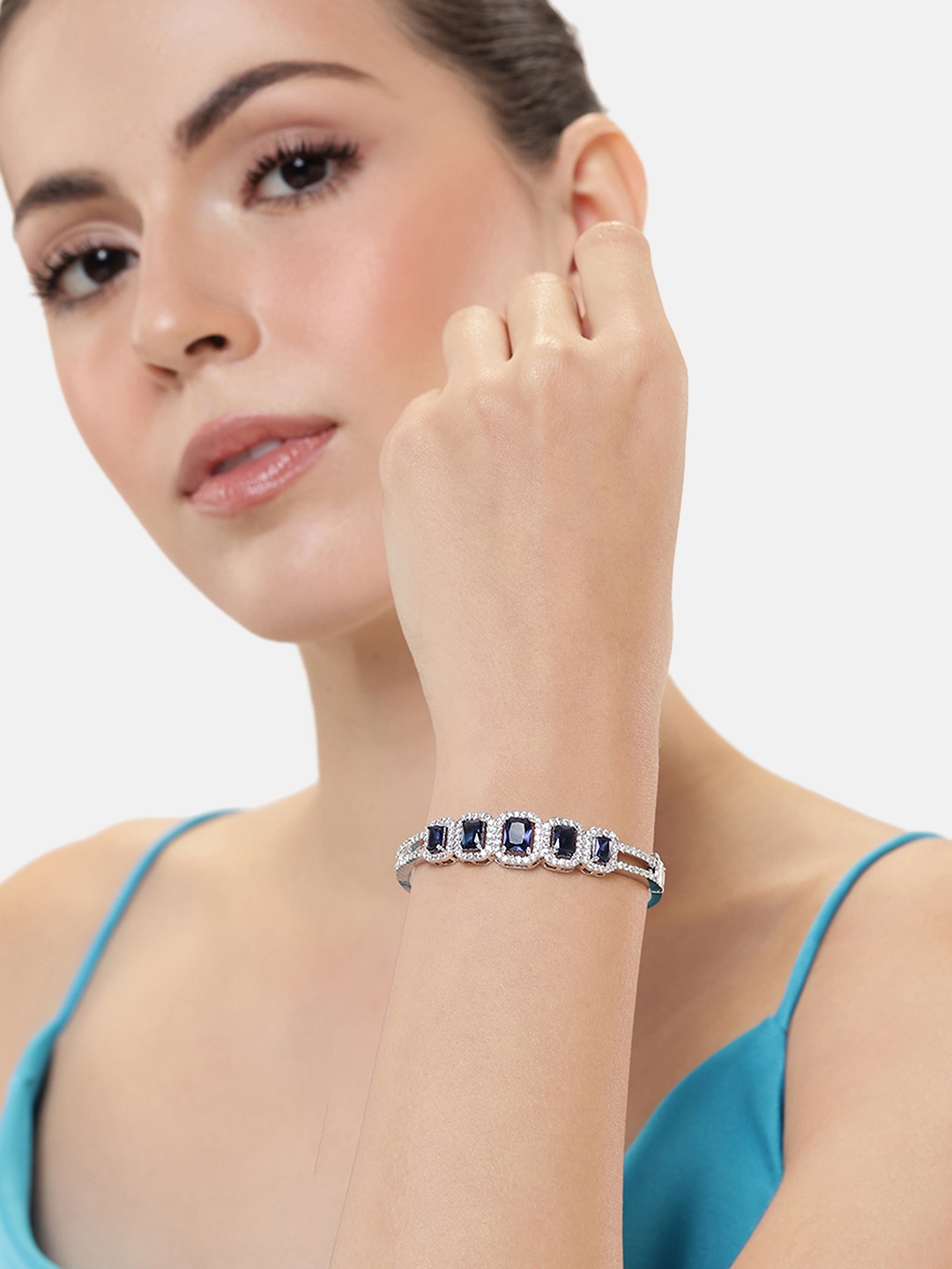 

Manikya Women Brass American Diamond Rhodium-Plated Bangle-Style Bracelet, Silver