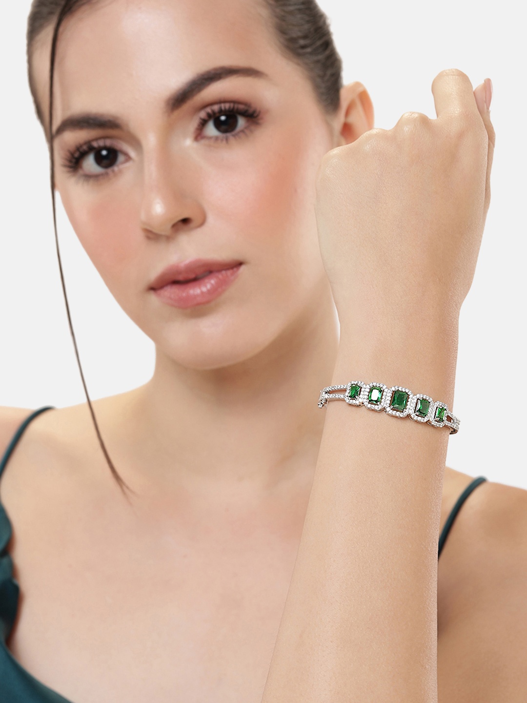 

Manikya Women Brass Cubic Zirconia Handcrafted Rhodium-Plated Bangle-Style Bracelet, Silver