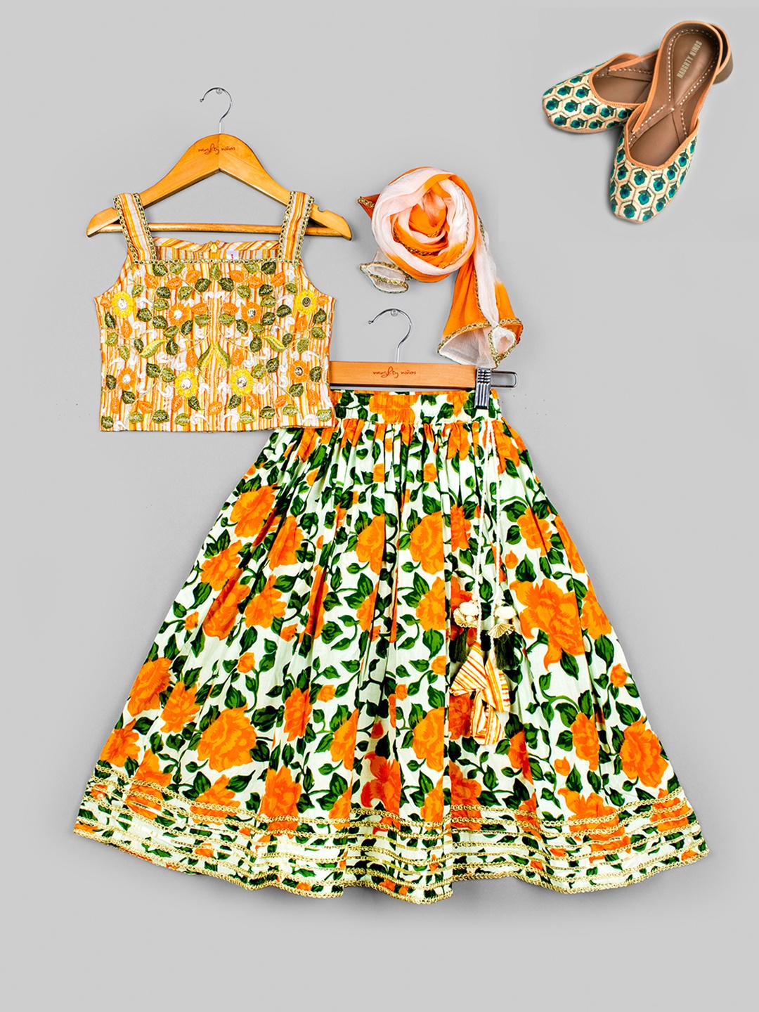 

Naughty Ninos Girls Embellished Ready to Wear Lehenga & Blouse With Dupatta, Orange