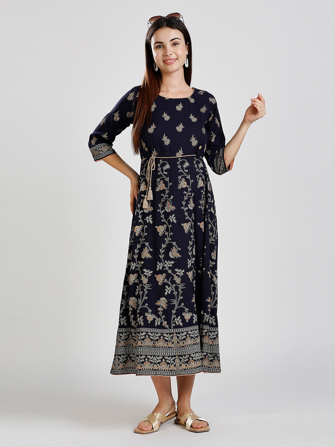 

DUMMY SHAPE Women Ethnic Motifs Belted Detail Maternity Anarkali Kurta, Navy blue