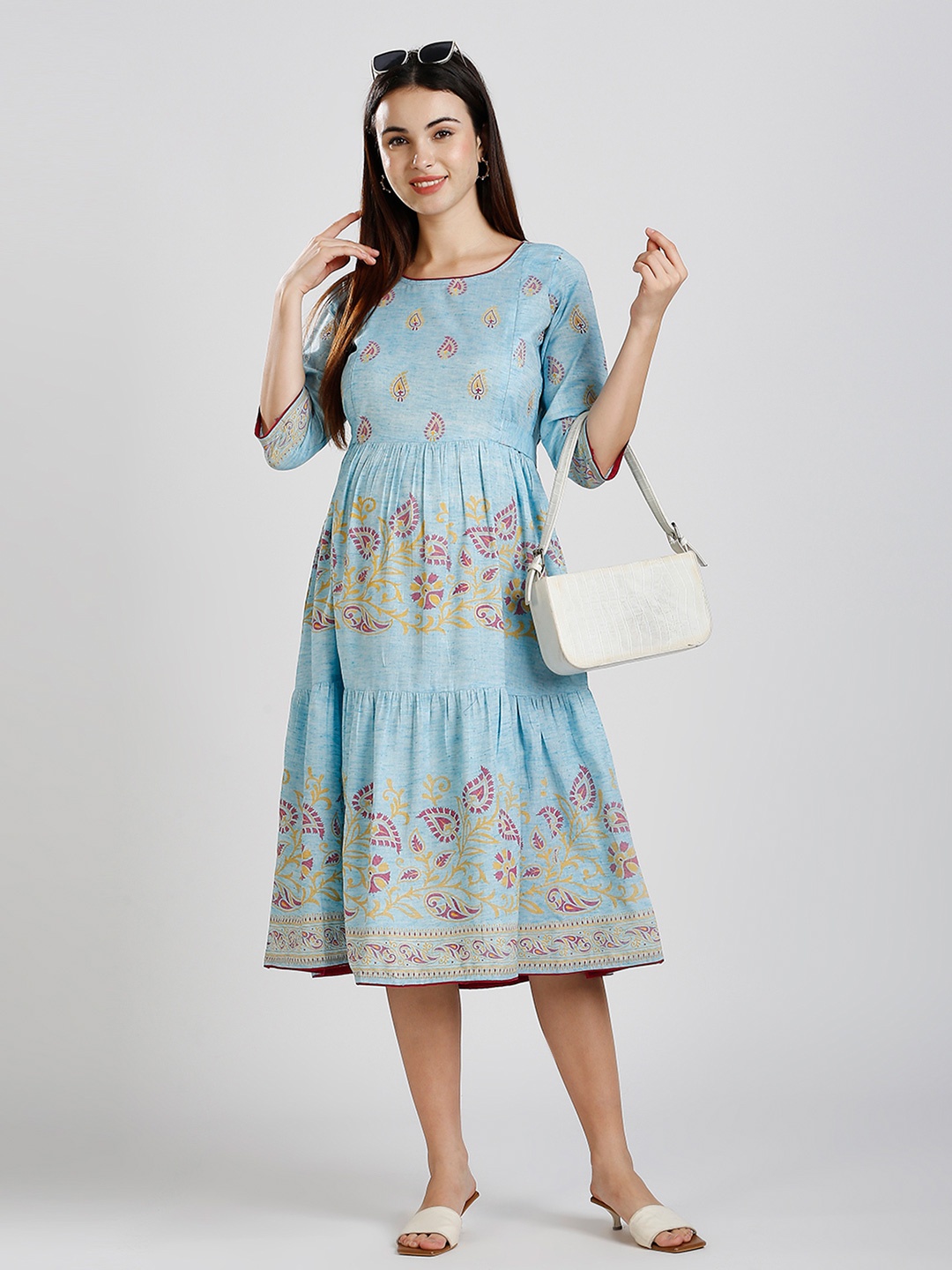 

DUMMY SHAPE Women Printed Flared Sleeves Sequinned Tiering Maternity Anarkali Kurta, Blue