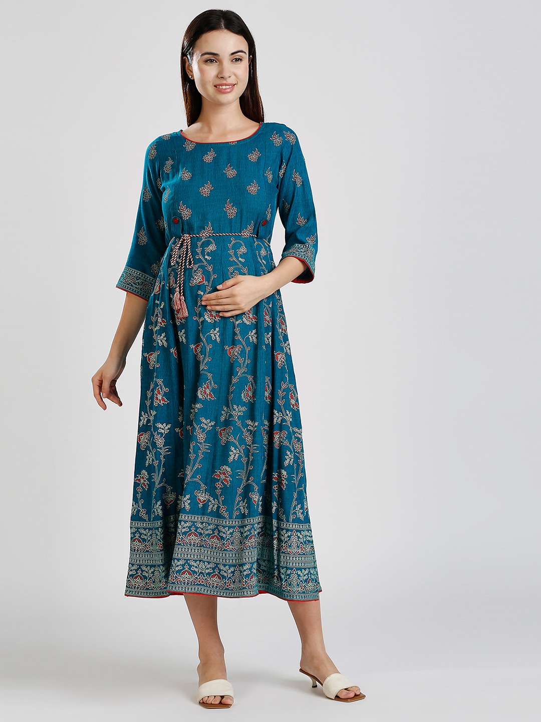 

DUMMY SHAPE Ethnic Floral Printed Regular Sleeves Flared Hem Maternity A-Line Dress, Teal