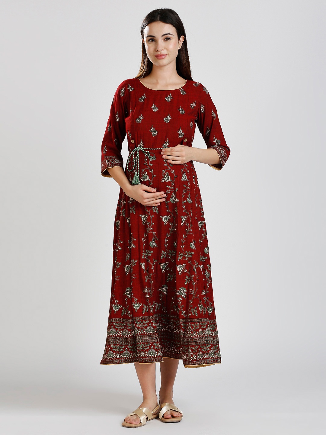 

DUMMY SHAPE Women Printed Thread Work Belted Detail Maternity Anarkali Kurta, Maroon