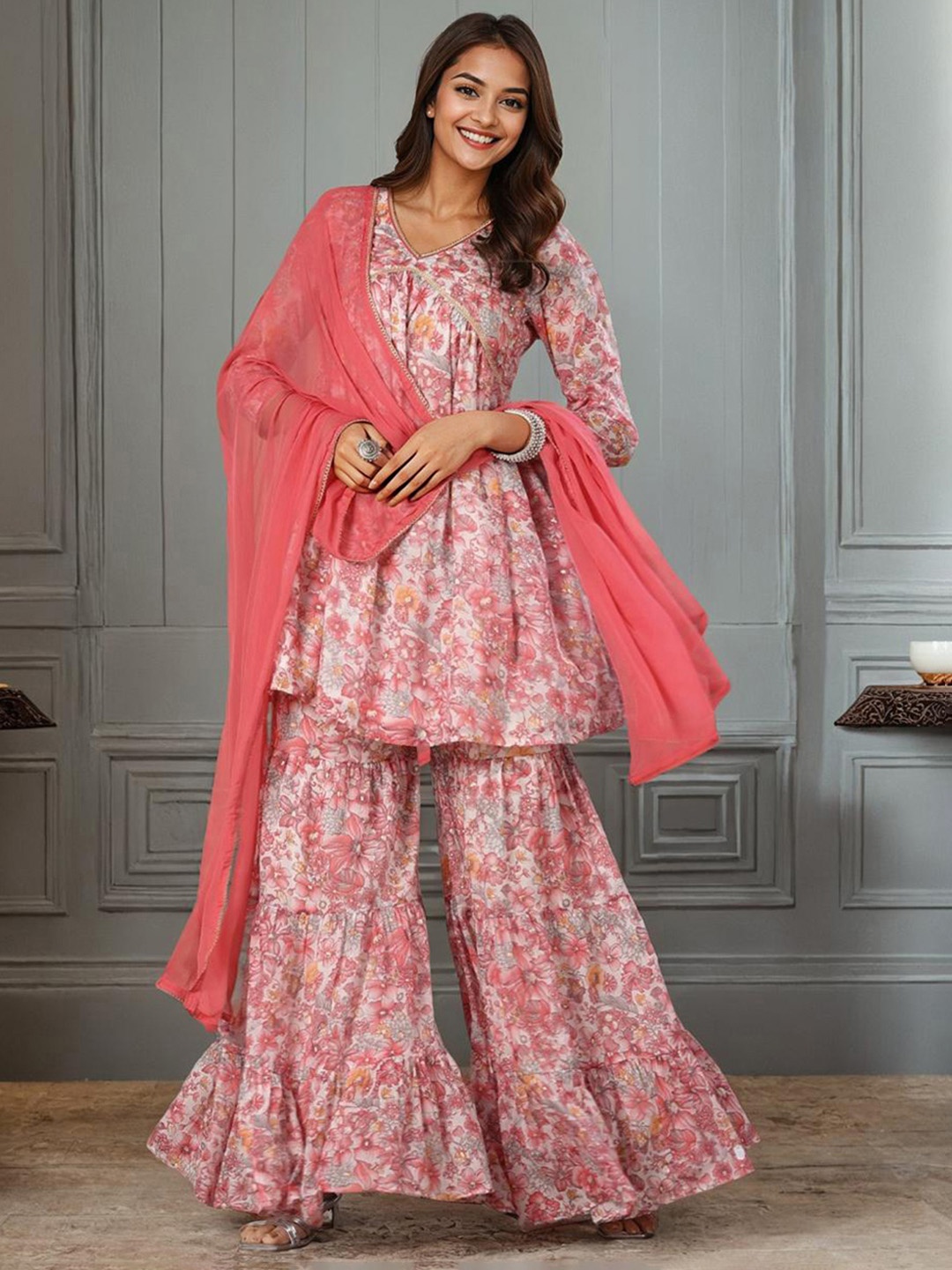 

Ishin Floral Printed V-Neck Gotta Patti Pure Cotton Kurta with Sharara & With Dupatta, Pink