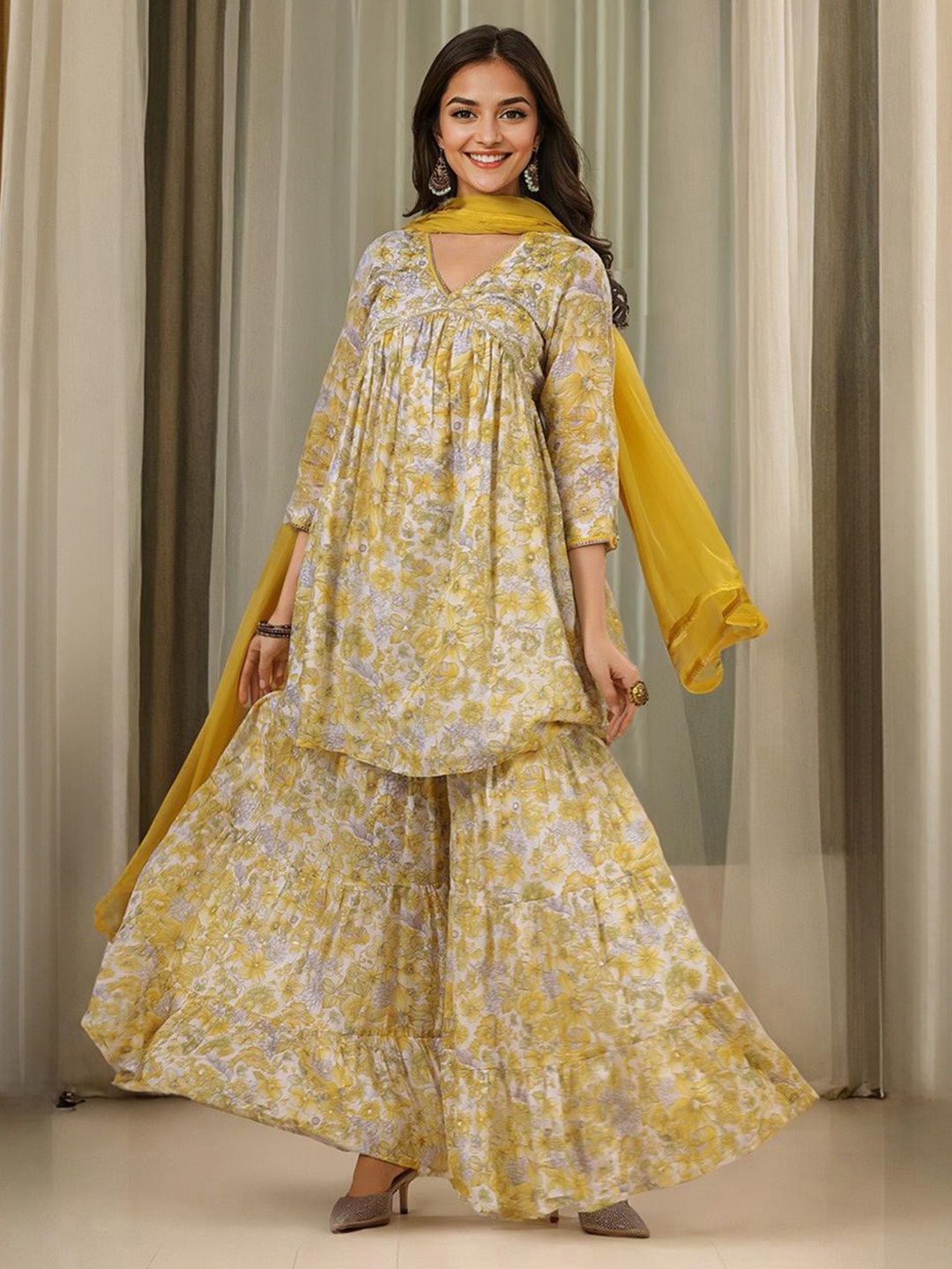 

Ishin Floral Printed V-Neck Empire Pure Cotton A-Line Kurti With Sharara & Dupatta, Yellow