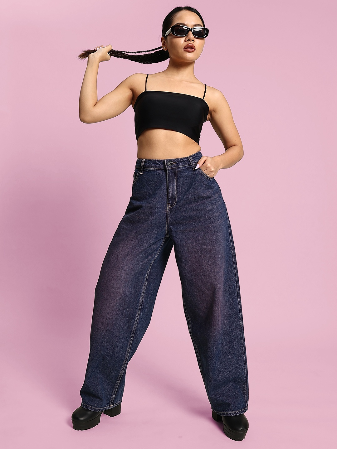 

URA STREET Women Loose Relaxed Fit High-Rise Pure Cotton Jeans, Purple