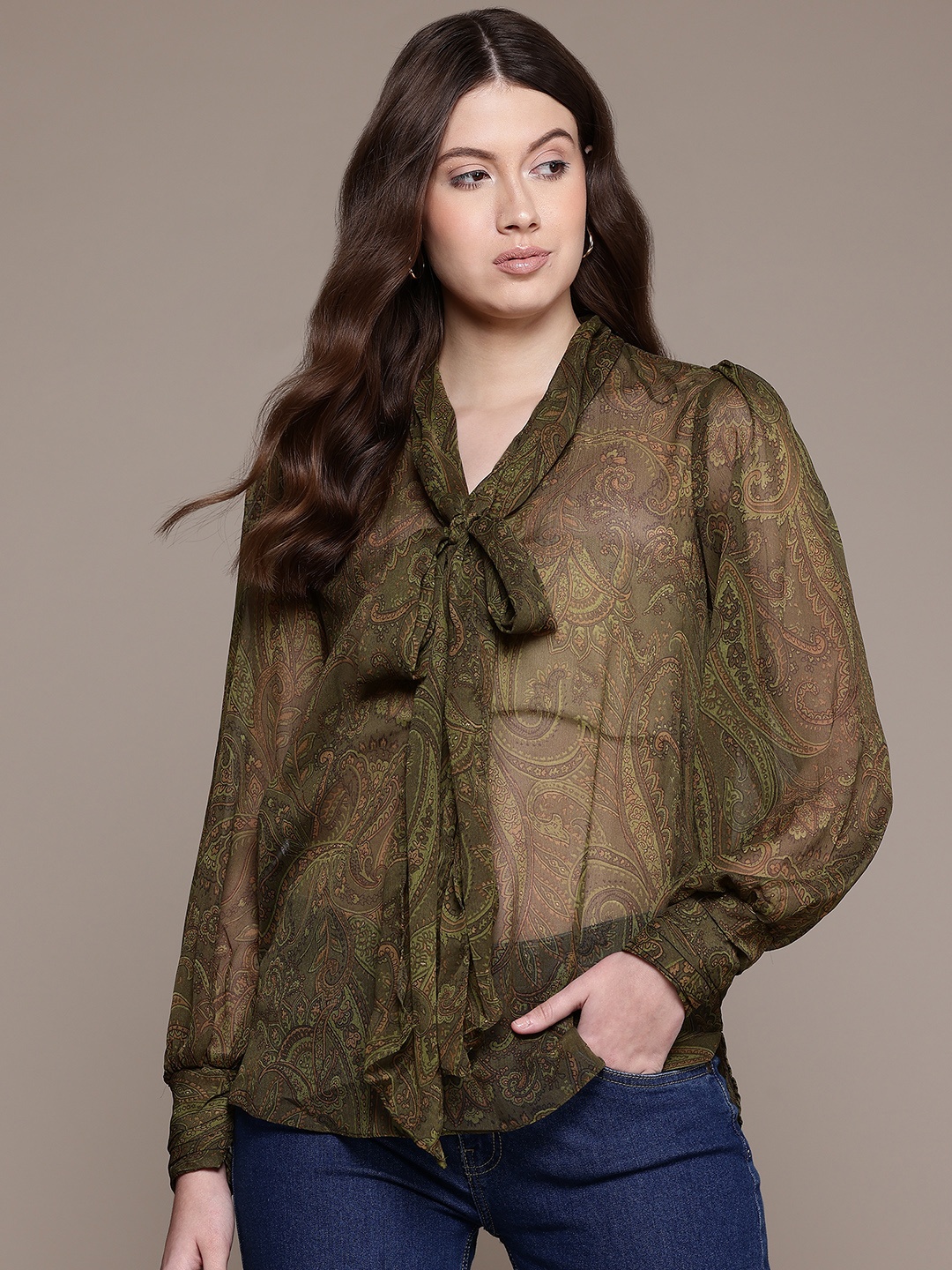 

MANGO Paisley Print Semi-Sheer Top, Green