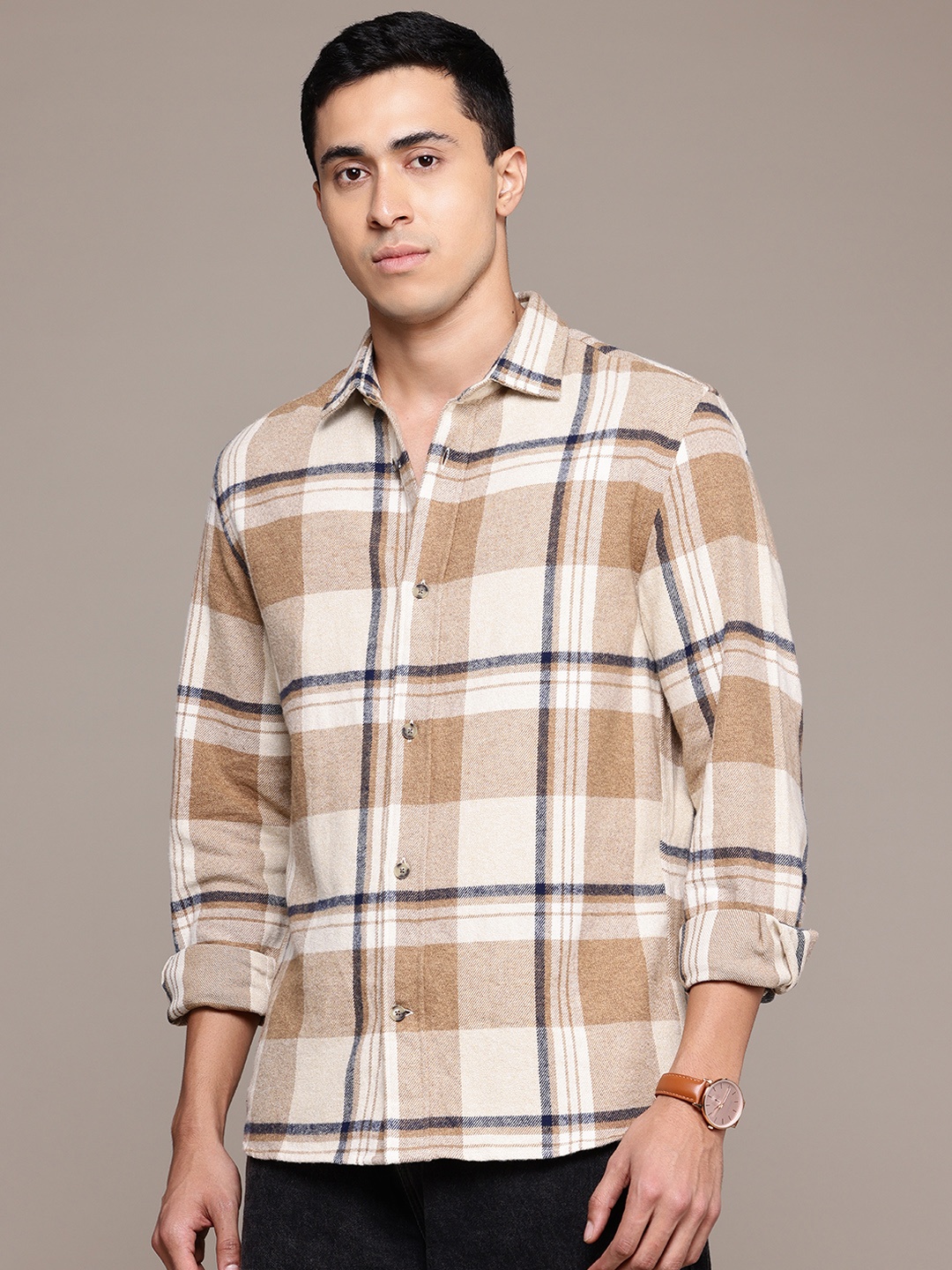 

MANGO MAN Checked Pure Cotton Flannel Shacket, Brown