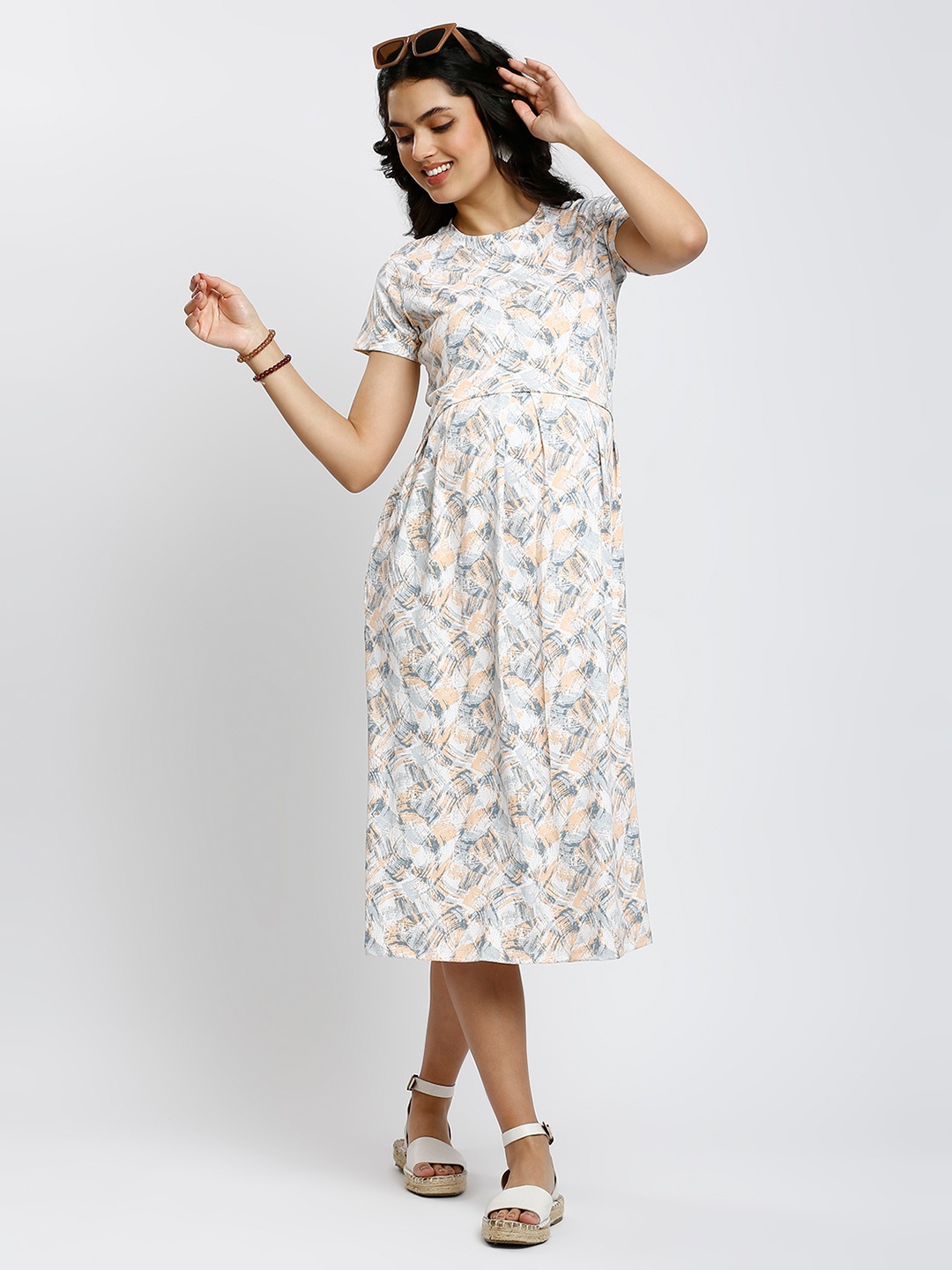 

True Shape Floral Printed Maternity A-Line Midi Dress, Peach