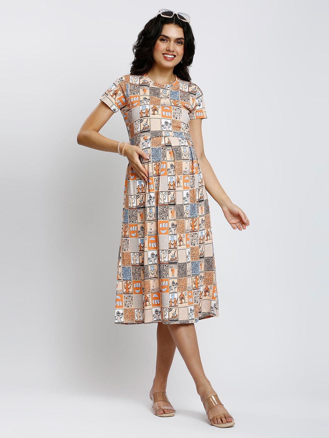 

True Shape Printed Maternity A-Line Midi Dress, Beige