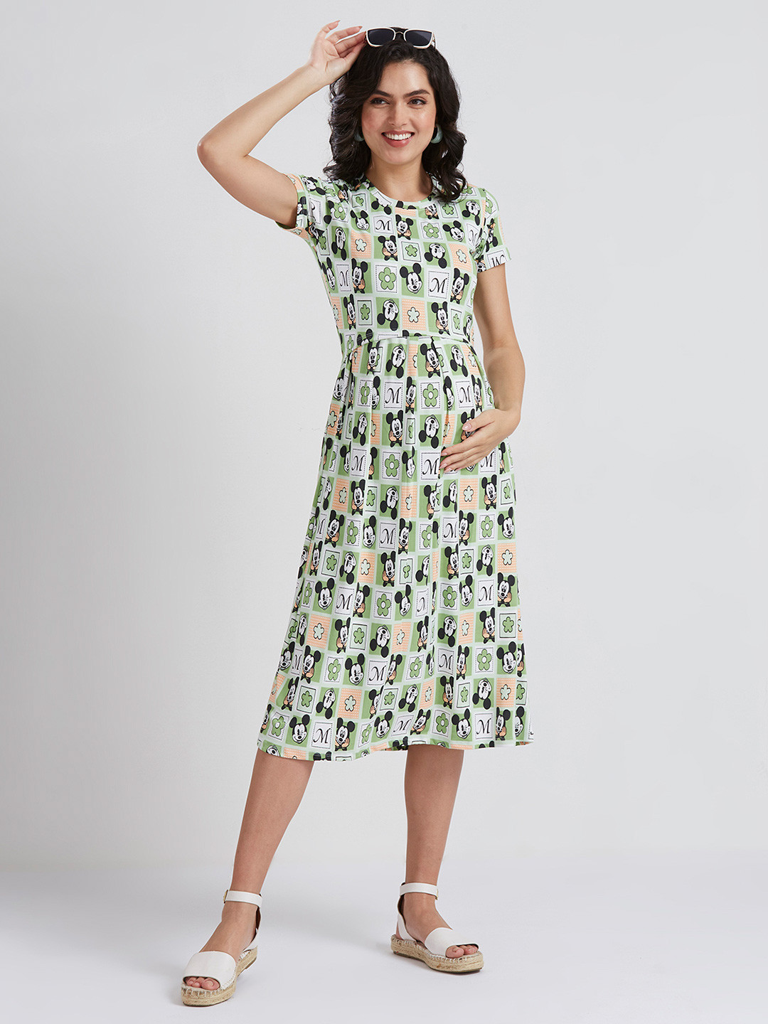 

True Shape Floral Printed Cotton Maternity A-Line Midi Dress, Green