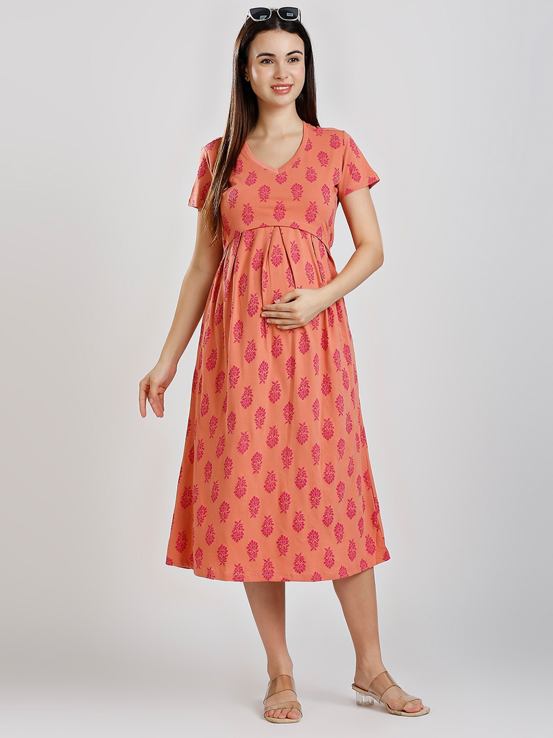 

True Shape Ethnic Motif Printed Cotton Maternity A-Line Midi Dress, Peach