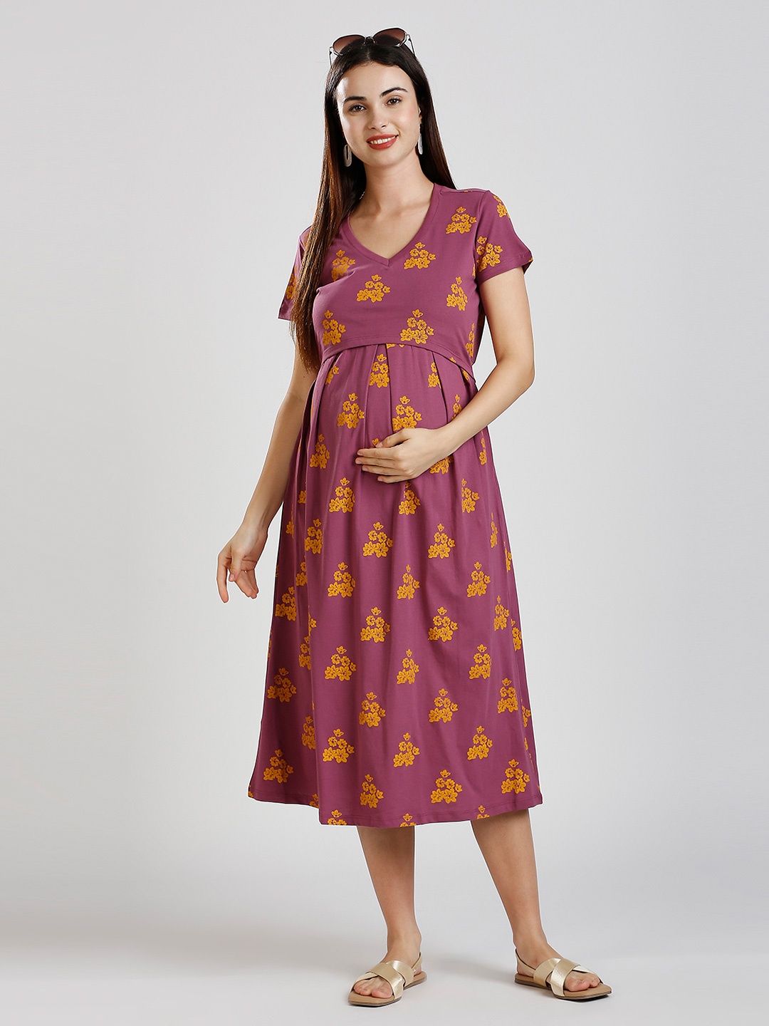 

True Shape Women Floral Printed Pure cotton Maternity Midi Dress, Magenta