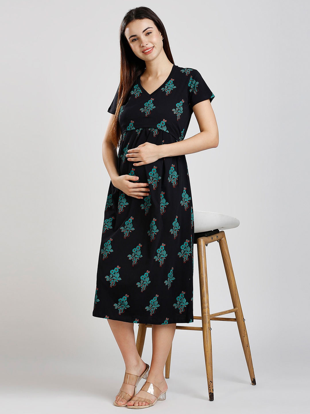 

True Shape Floral Printed Maternity Fit & Flare Midi Dress, Black