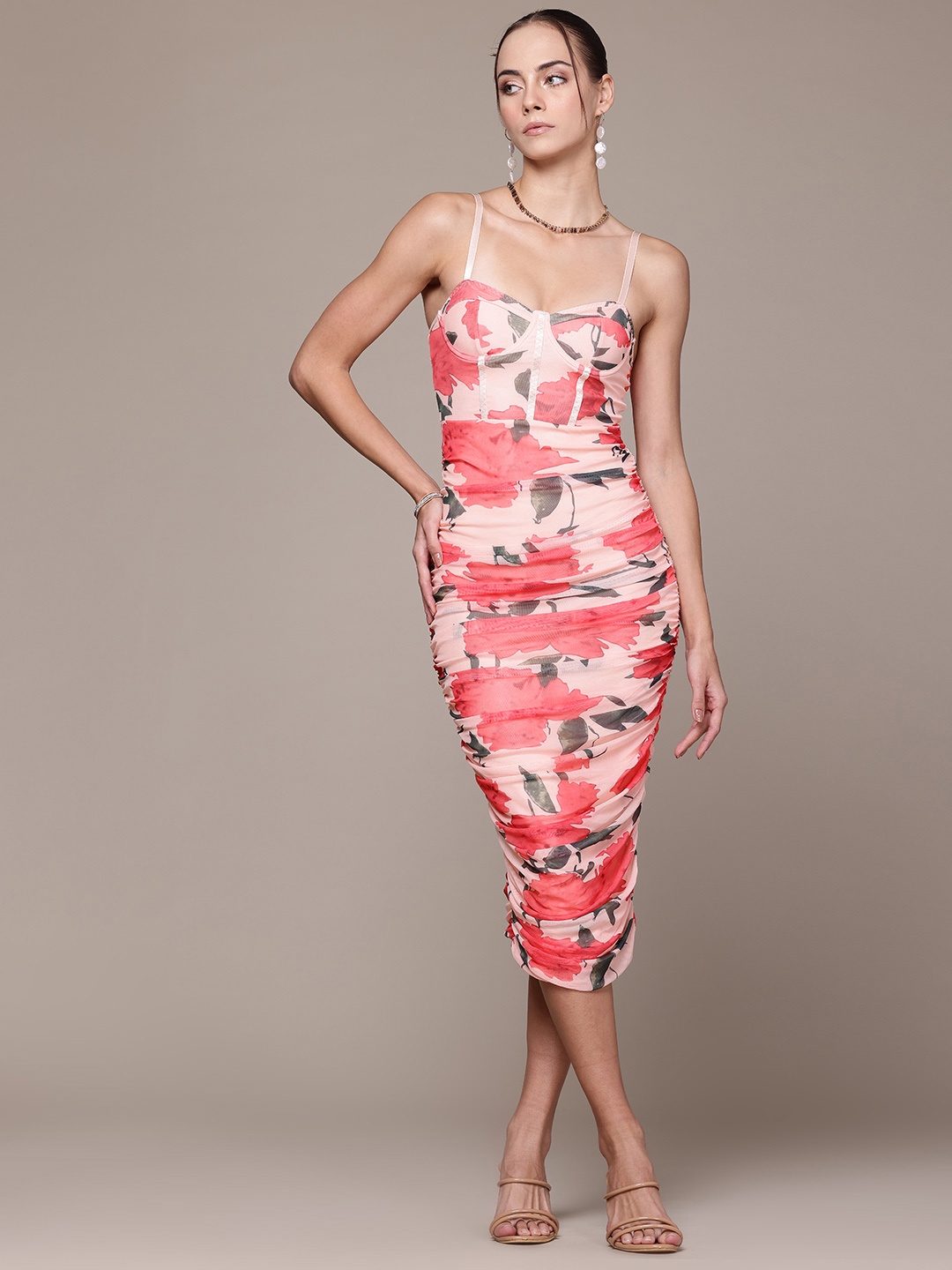 

bebe Soft Romance Floral Print Net Bodycon Midi Dress, Peach