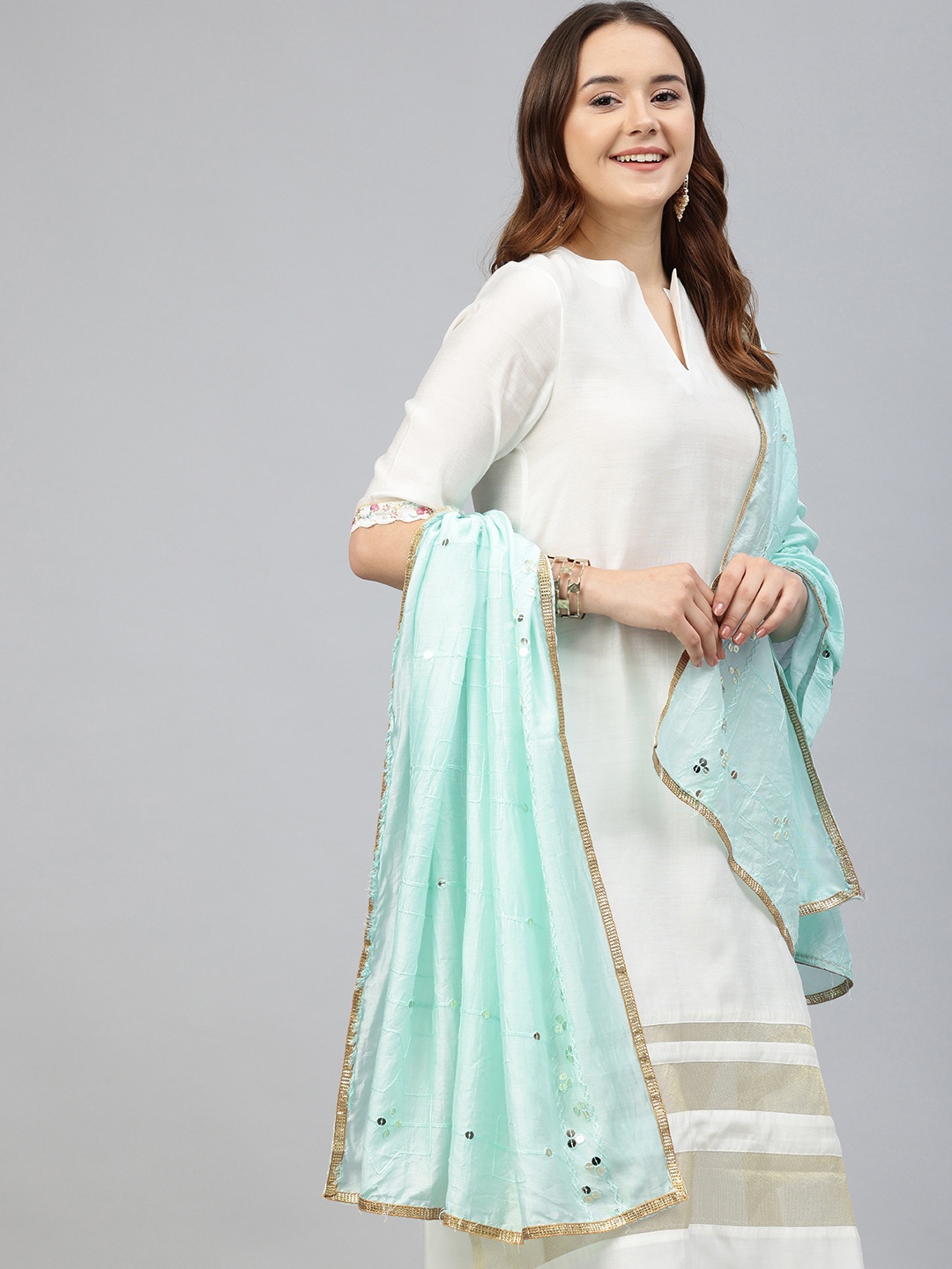 

swatika Ethnic Motifs Embroidered Dupatta with Sequinned, Turquoise blue