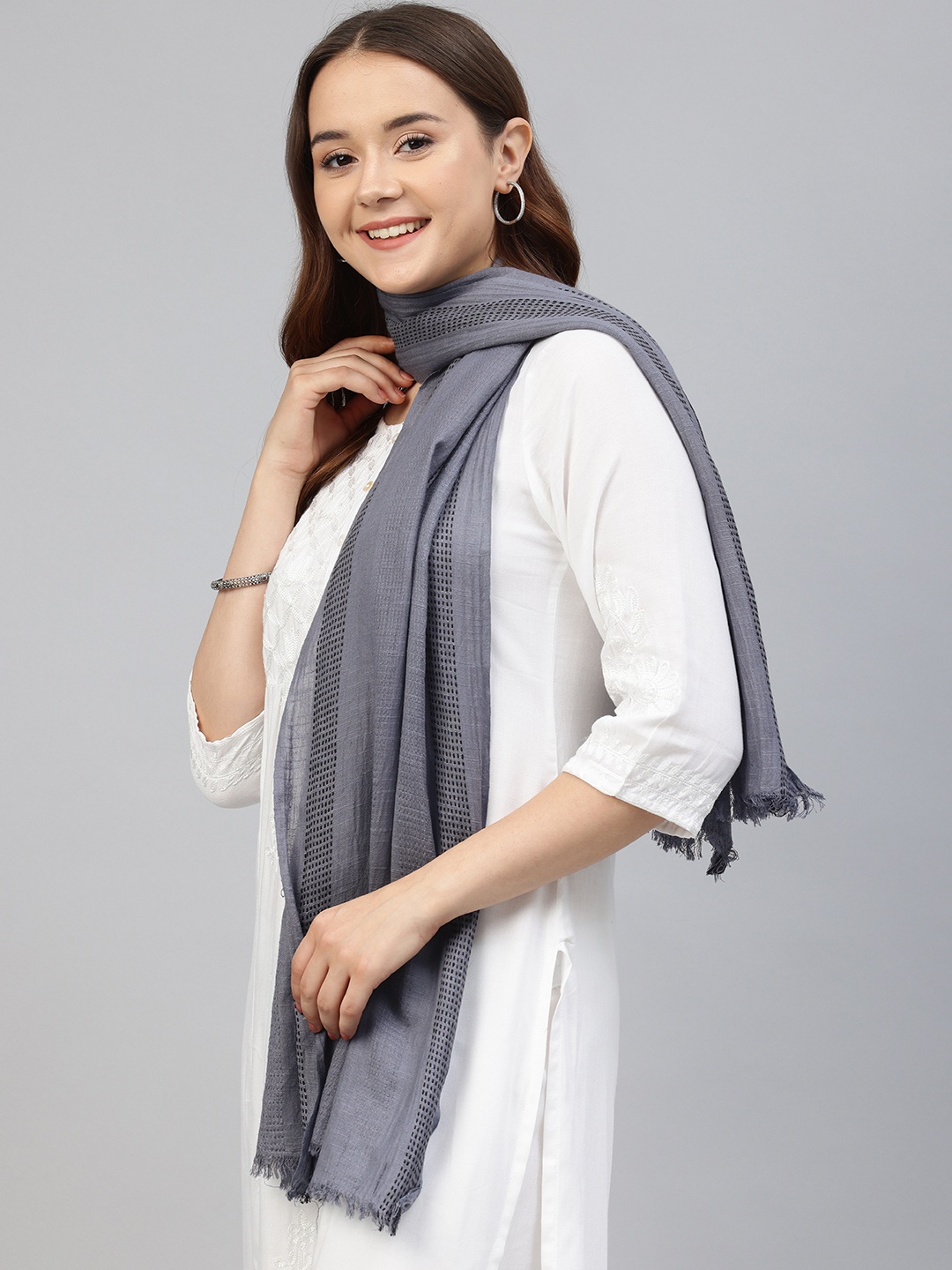 

swatika Women Embroidered Stole, Grey