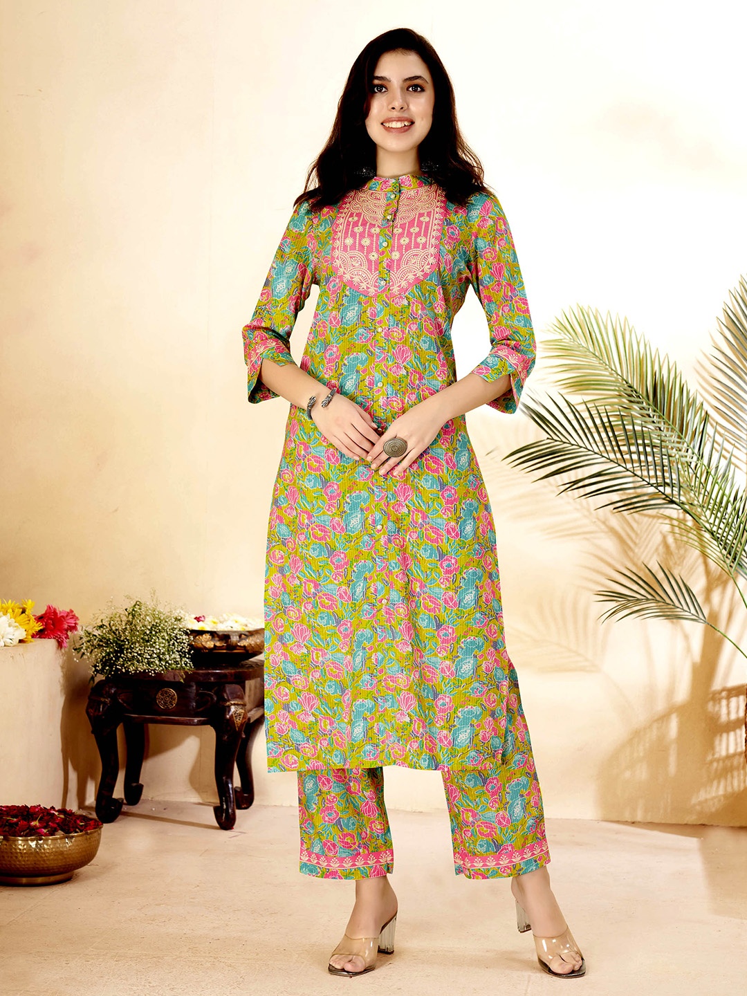 

Anouk Printed Pure Cotton Tunic With Trousers, Lime green