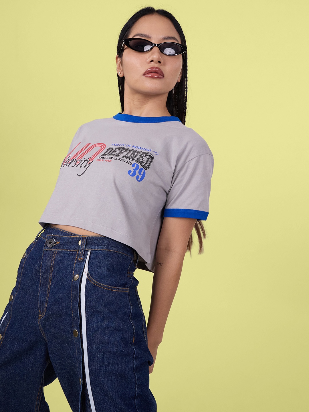 

URA STREET Women Varsity Printed Round Neck Pure Cotton T-Shirt, Grey