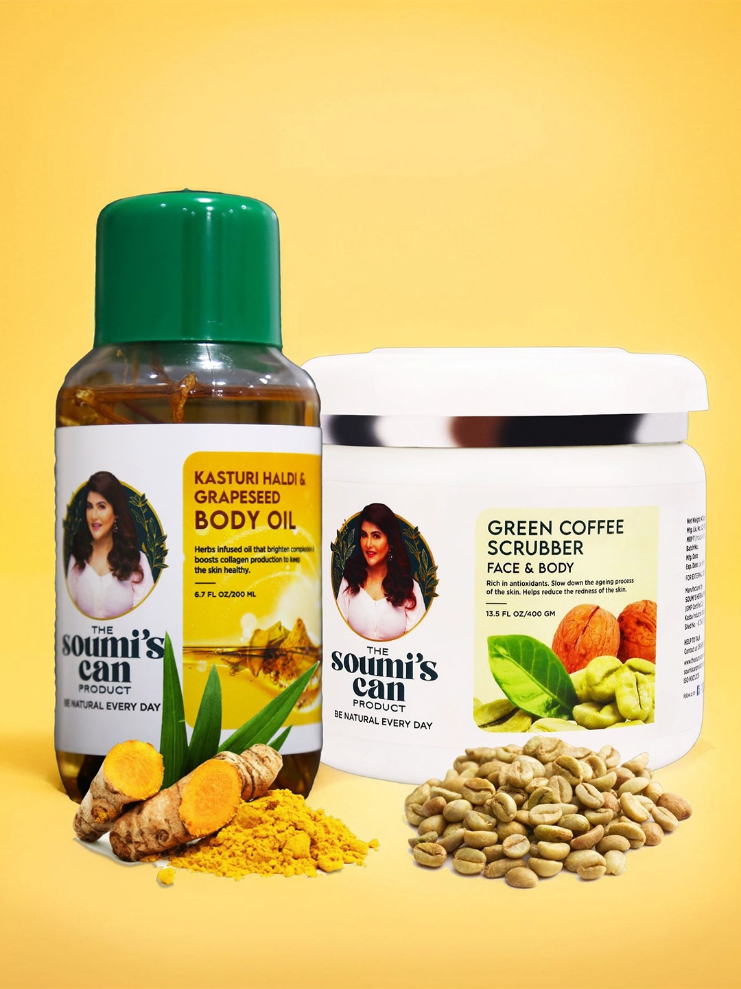 THE SOUMI'S CAN PRODUCT Green Coffee Scrubber Kasturi Haldi & Grapeseed Body Oil- 600ML, Brown