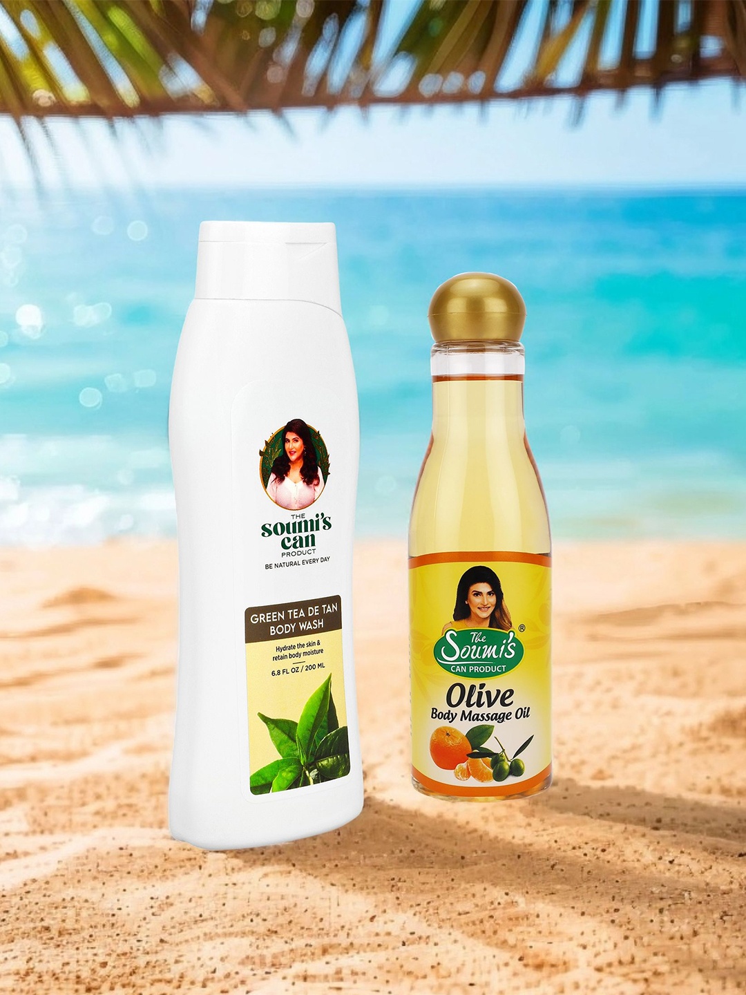 

THE SOUMI'S CAN PRODUCT Olive Body Massage Oil & Green Tea De Tan Body Wash- 400ml, Yellow
