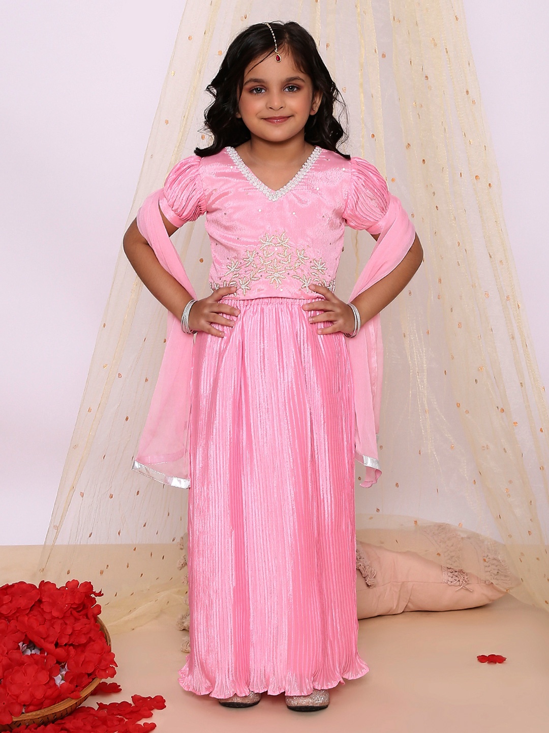 

KID1 Girls Floral Embroidered Beads and Stones Ready to Wear Lehenga & Blouse With Dupatta, Pink