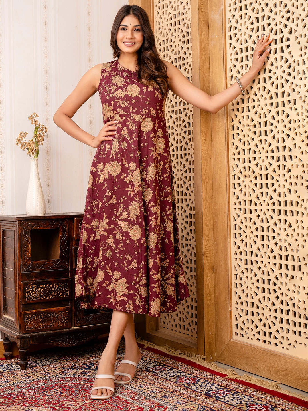 

Nayo Floral Printed Fit & Flare Cotton Midi Dress, Burgundy