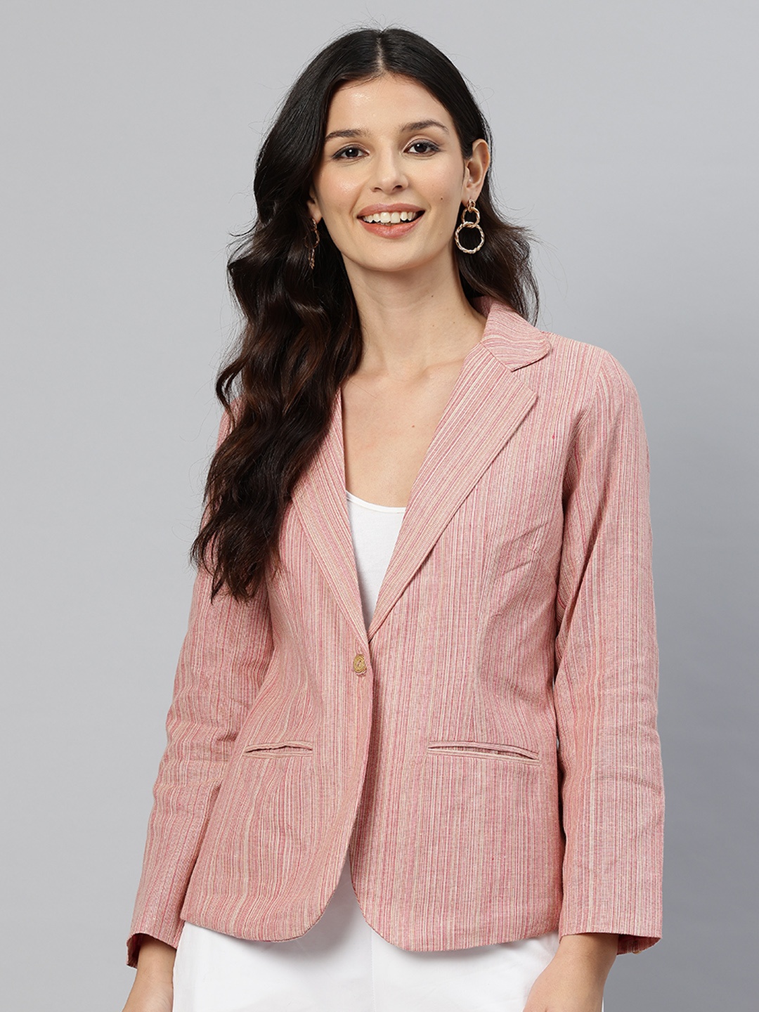 

Cottinfab Striped Single-Breasted Pure Cotton Casual Blazer, Pink