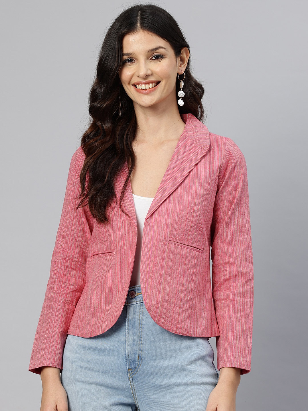 

Cottinfab Striped Single-Breasted Pure Cotton Casual Blazer, Pink