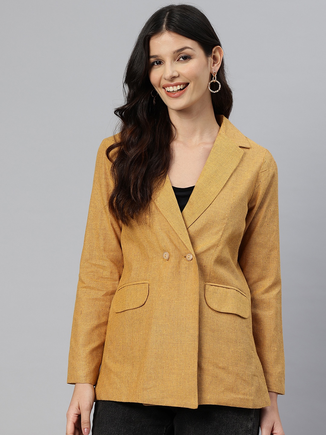 

Cottinfab Double-Breasted Pure Cotton Casual Blazer, Mustard